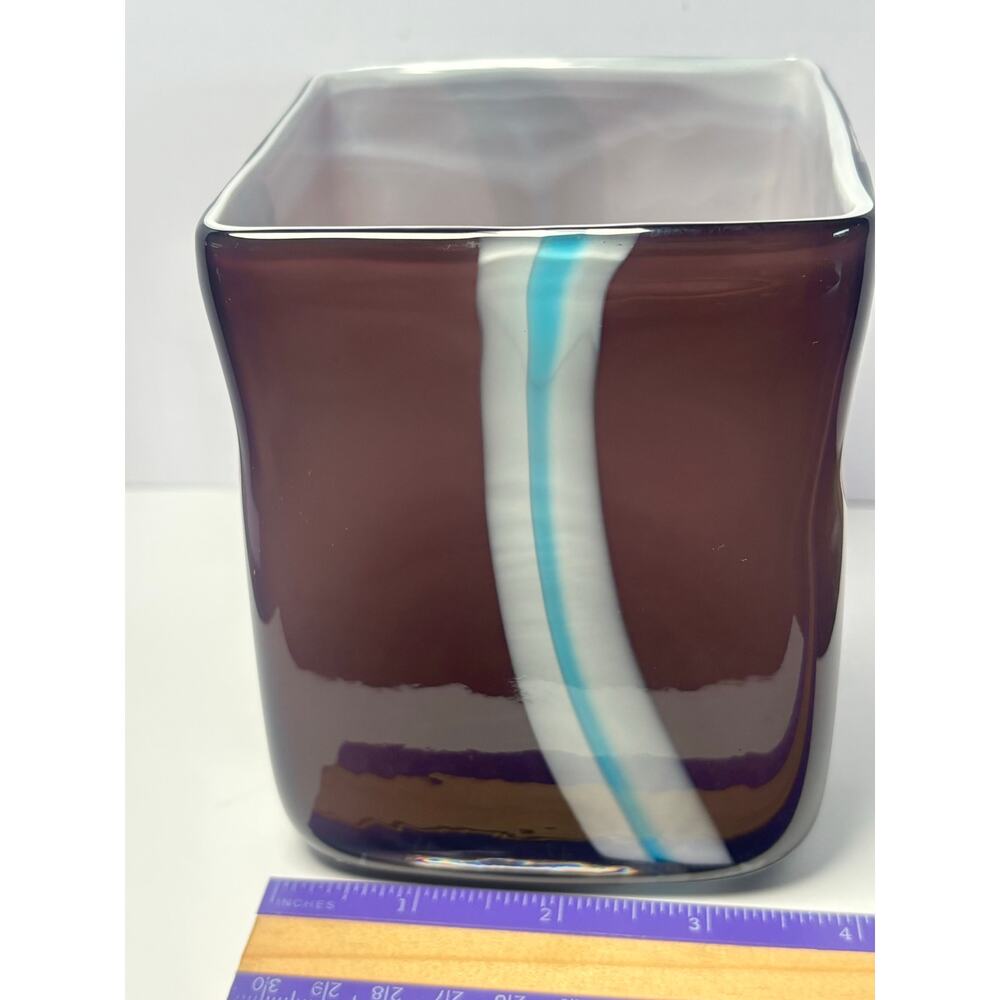 Vintage Pier 1 purple blown glass vase with white & blue ribbon stripe.